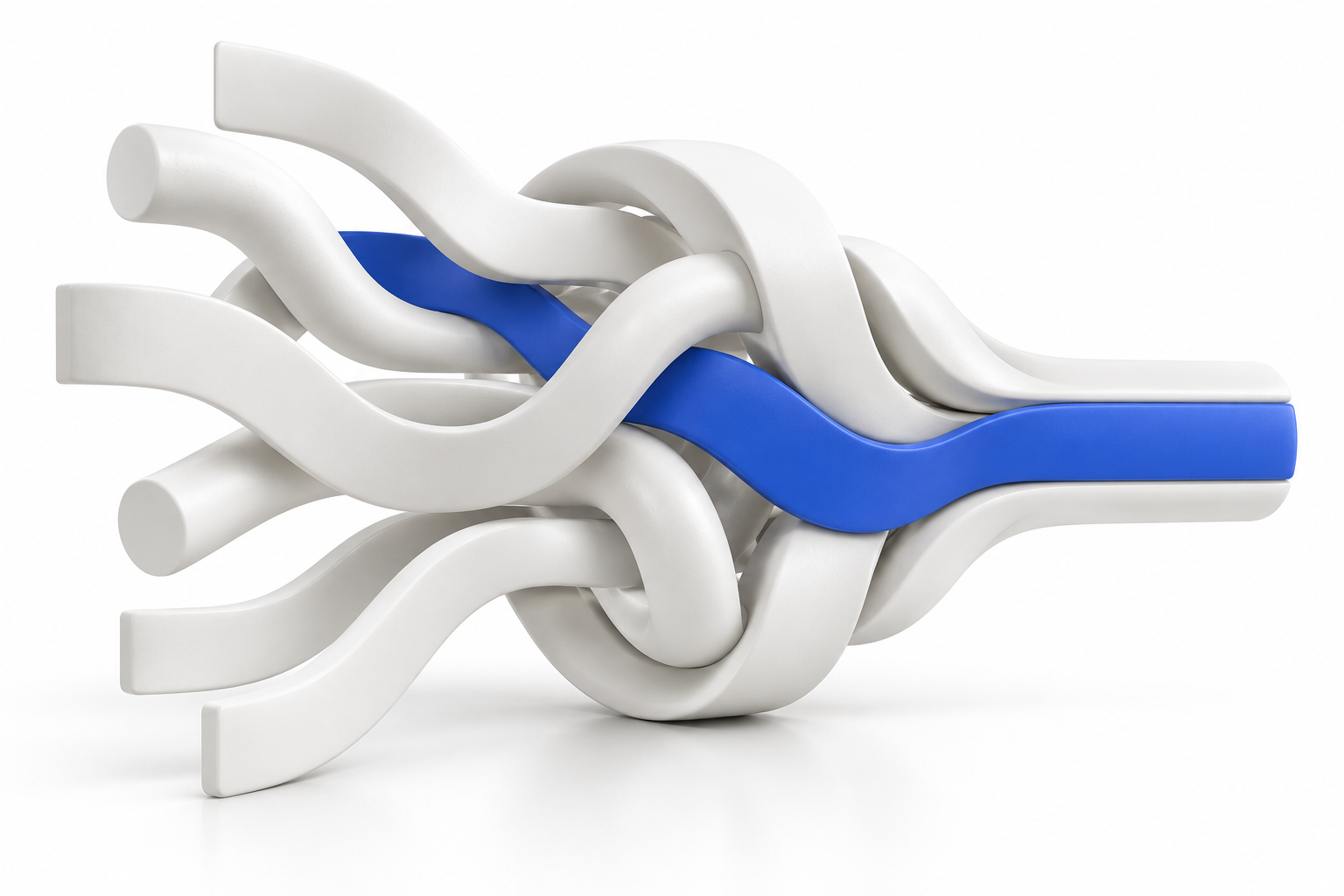 A sculptural arrangement of white interlocking forms joined by a blue ribbon, representing disconnected work coming together.